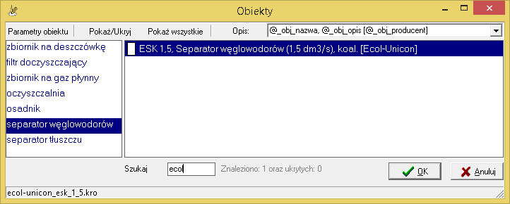 Okno obiektów