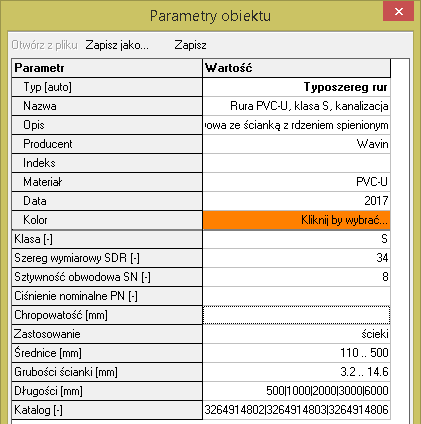 Parametry typoszeregu rur